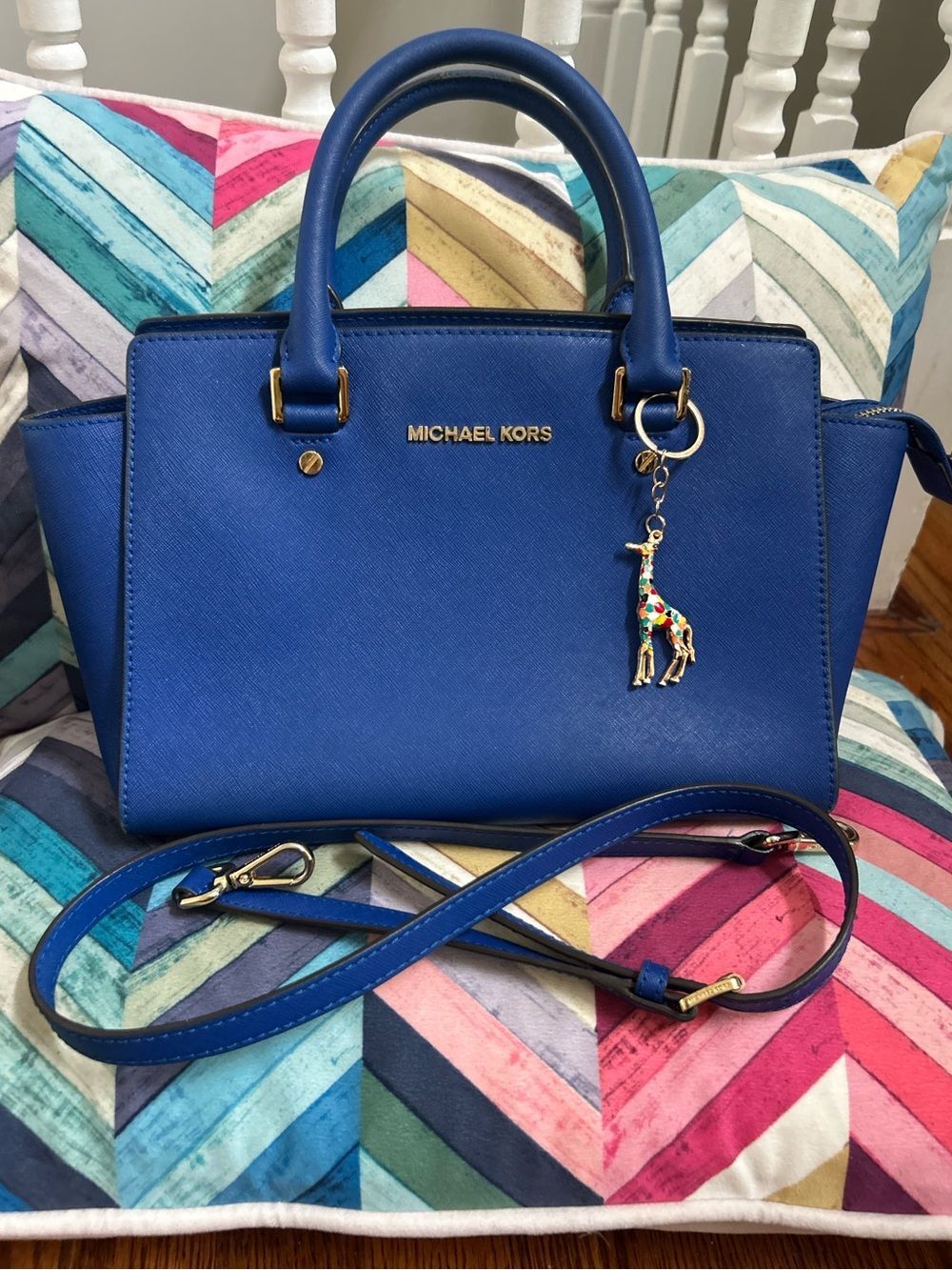 MICHAEL Michael Kors Royal Blue Saffiano Leather Satchel with Giraffe Charm